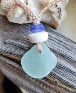 Sea Glass Necklace Men Women Sinew Braid Hawaii Seafoam Frosty Pastel Beach Teen - Picture 1 of 7