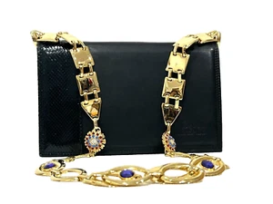 AUTHENTIC VERSACE Gold Jeweled Chain Black Leather Shoulder Clutch Bag Rare - Picture 1 of 16