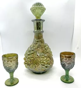Helios Green Electric Imperial Grape Carnival Glass Decanter & 2 Cups 1910 - Picture 1 of 12