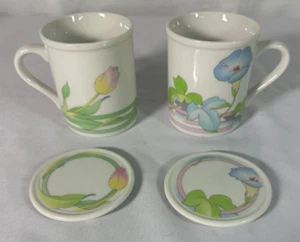 1980s Prelude Toscany Collection Floral Mugs + Lids Coasters Tulip Morning Glory - Picture 1 of 7