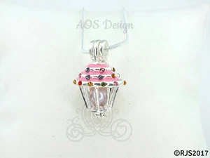 Crystal Pink Cupcake Pearl Cage Charm Necklace - Birthday Gifts - Picture 1 of 17