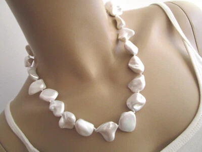 Damen Hals Kette Collier kurz Muschelkern Barock Perlen Silber Weiss Statement ! - Bild 1 von 4
