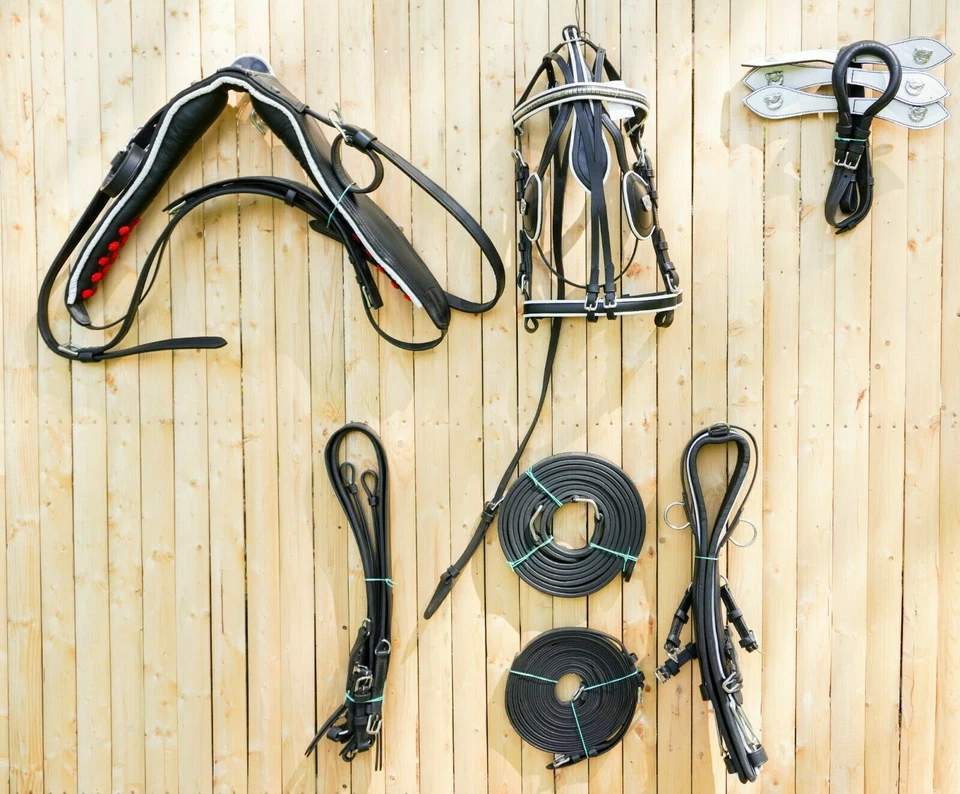 Black Horse Patent Leather Driving Harness White Trim Set Available In Full Size - Image 1 of 4