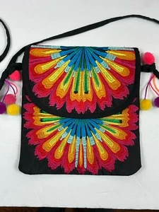 Floral Embroidered Purse Tote Bag Boho Hippie Made Mexico Colorful Pom Pom - Picture 1 of 18