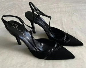 Casadei Black Suede Pointy Toe T-strap Pumps - 7B Excellent Authentic - Picture 1 of 11