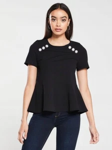BNWT River Island Ladies Diamante Button Peplum Top Black Size 10 - Picture 1 of 4