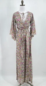 Sea Lustre Pink Floral V Neck Tie Waist Bell Sleeve Wide Leg Jumpsuit Sz S/M - Picture 1 of 9