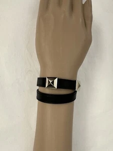 Echtes HERMÈS Medor Silber Schwarz Leder Nieten Armband mit Box Größe S - Bild 1 von 12