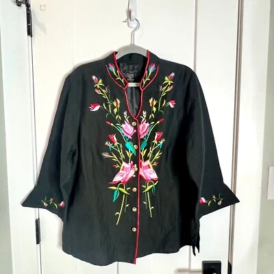 Chaqueta Blazer SilkLand Lino Mezcla Seda Floral Bordado Estilo Kimono Talla 1X Foto 1 de 4