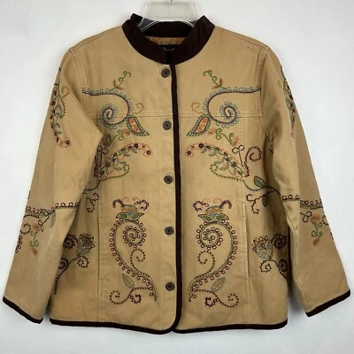 Chaqueta Denim & Co Mujer M Floral Bordada Beige Denim Botón Forrado Bolsillos Foto 1 de 4