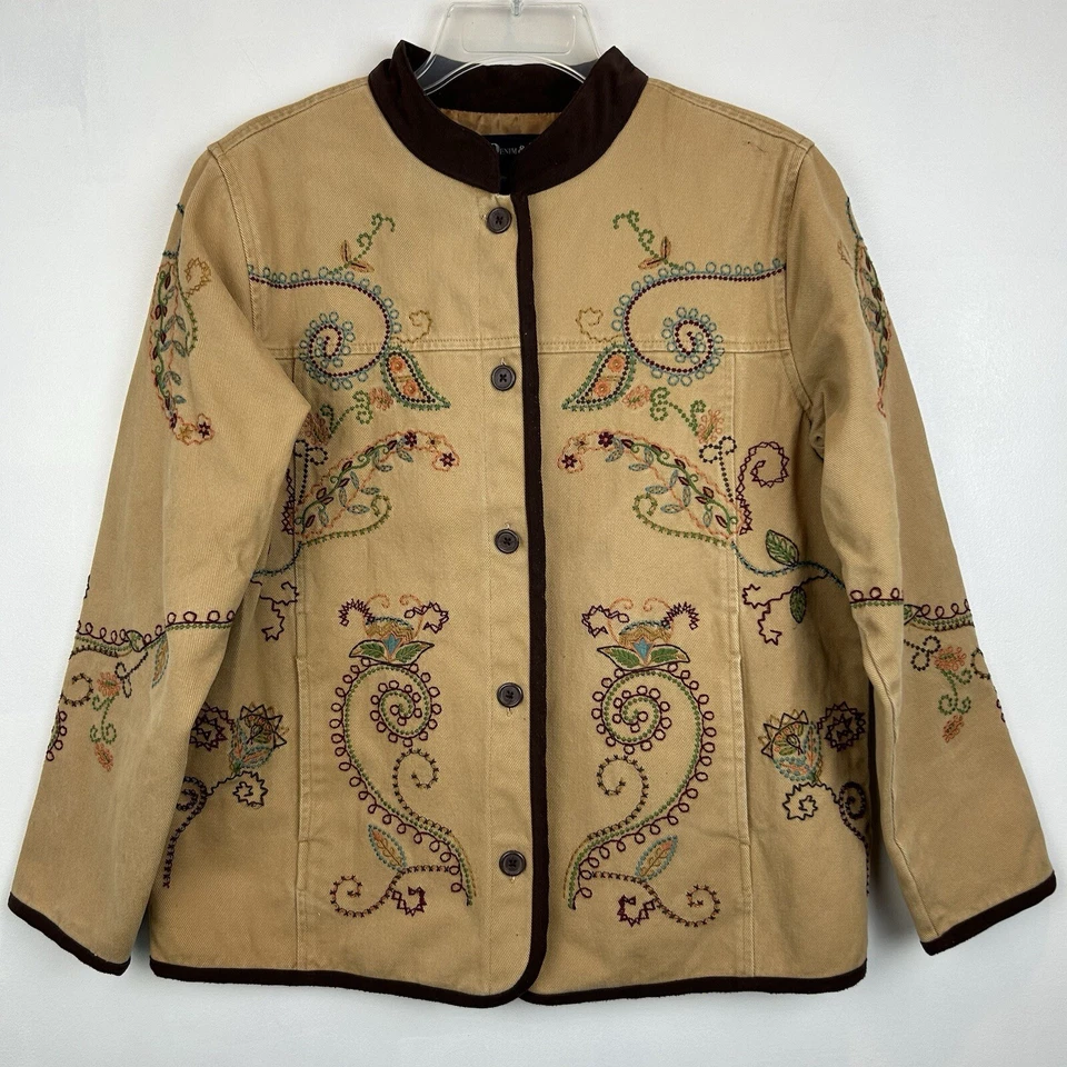 Denim & Co куртка женщины M цветочный вышитый бежевый джинсовой ткани кнопка с подкладкой карманы - Изображение 1 из 4