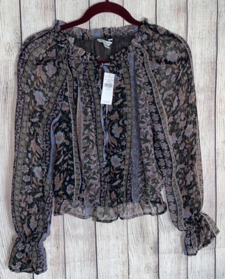 American Eagle Top para mujer Talla XXS blusa boho floral de gasa con volantes transparentes Nueva Foto 1 de 4