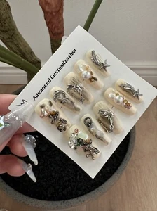 Premium Quality Handmade 3D Punk Metal Pearls Decor Press On Nails Size Medium - Picture 1 of 6
