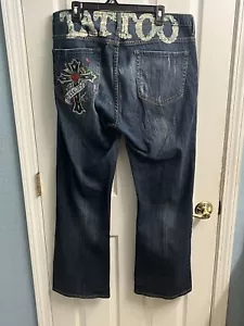 Ed Hardy Jeans Womens 20 Dark Wash Rhinestone TATTOO Skull Dagger Bootcut Denim - Picture 1 of 11
