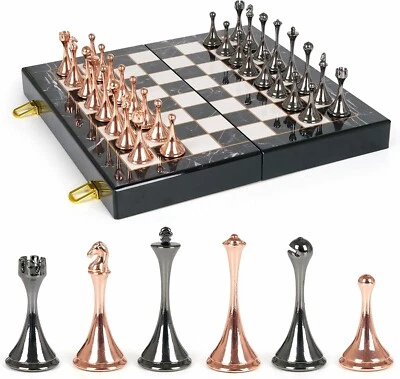 Juego de ajedrez de metal de 12" - Piezas de oro rosa y metal - Tablero plegable de mármol Foto 1 de 4