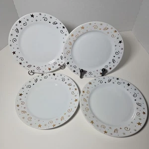 Set of 4 Pampered Chef 8" Dessert Plates 1996 White Gold Celebration Stars Dish  - Picture 1 of 11