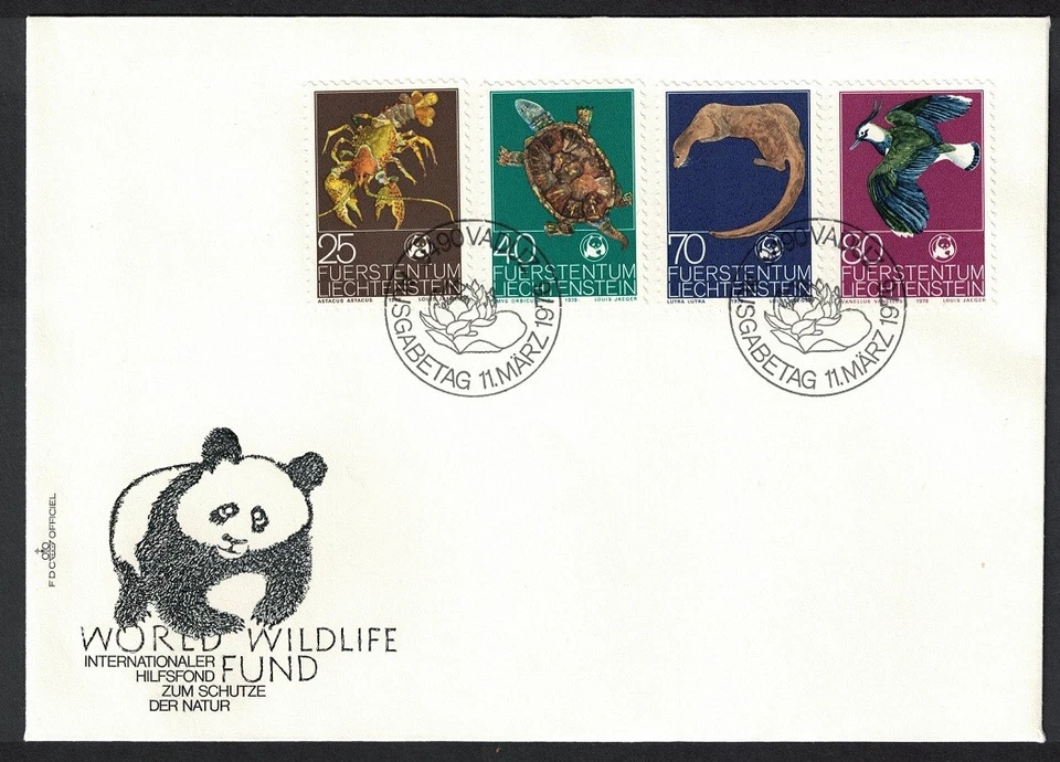 Liechtenstein Birds Crayfish Turtle Otter WWF Endangered species 4v FDC 1976 - Image 1 of 1
