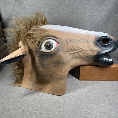 Horse Head Costume Mask Brown Rubber Latex Mane Hair Large 18" long 13" tall - Image 1 of 4