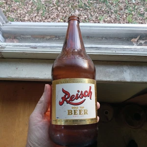 VINTAGE QUART REISCH GOLD TOP BEER BOTTLE SPRINGFIELD,ILL WITH ORIGINAL LABEL - Picture 1 of 9