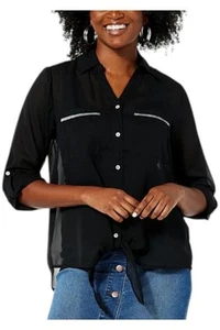 Colleen Lopez Women's Novelty Tie-Front Button Down Top Black - Picture 1 of 1