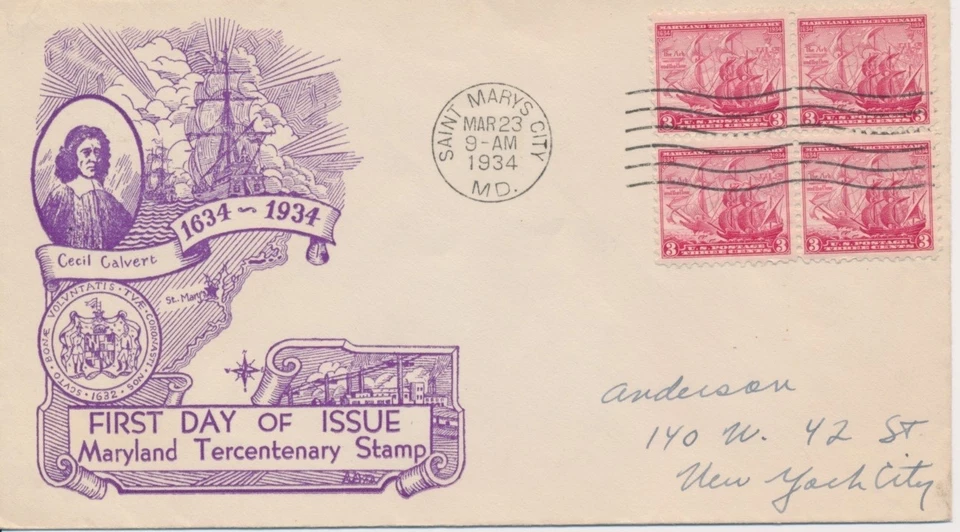 #736 Maryland Tercentenary Purple Ralph Dyer cachet First Day cover - Image 1 of 1