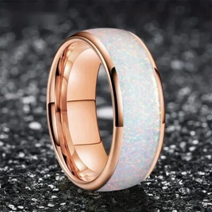 8MM Tungsten Carbide Ring Band Dome Polished Pink Opal Inlay Men Women Ring - Picture 1 of 10
