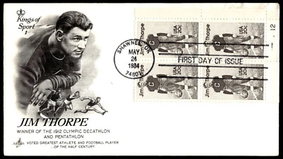 1984 FDC Jim Thorpe Olympic Athlete Kings of Sport Artcraft Cachet-Multi-Stamp - Image 1 of 2