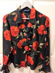 Karen Scott Ruffle Button Down Blouse Long Sleeve Flare Wrist Black With Roses L - Picture 1 of 5