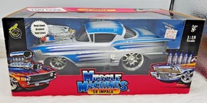 VINTAGE "MUSCLE MACHINE" 1958 CHEVY IMPALA SILVER/BLUE "TOO COOL" NEW IN BOX - Picture 1 of 5