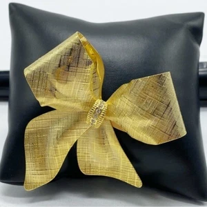 Vintage Gold 3D Bow with Rhinestones Brooch Pin Large - Picture 1 of 4