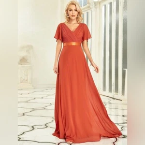 NEW NWT Ever Pretty V-Neck Mesh Flutter Maxi Dress Evening Gown Burnt Orange - Picture 1 of 11