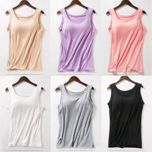 Women's Camisole with Built in Shelf Bra Tank Tops Sleeveless Vest Stretch Top + - Picture 1 of 20