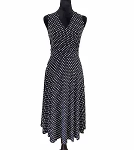 Vintage Y2k Ronni Black & White Polka Dot Sun Dress Sz 8 Wrap V Neck Ruch A Line - Picture 1 of 8