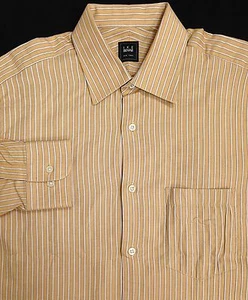 Ike Behar Mens 15.5 R Beige Striped Button Front Long Sleeve Shirt Cotton - Picture 1 of 8