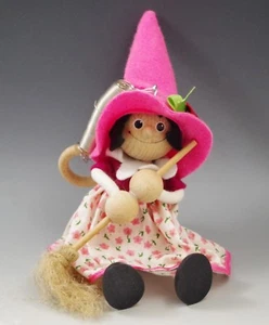 BOUNCIES FROM BOHEMIA WOODEN WITCH WITH PINK HAT  TOY SPRING PUPPET - Picture 1 of 4