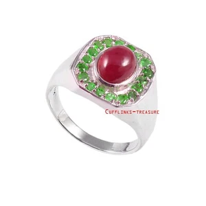 Natural Ruby & Tsavorite Gemstones with 925 Sterling Silver Ring For Men's #96 - Picture 1 of 4
