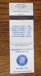 AMERICAN LEGION POST #65 MATCHBOOK COVER: WEARE, NEW HAMPSHIRE MATCHCOVER -A9 - Picture 1 of 2