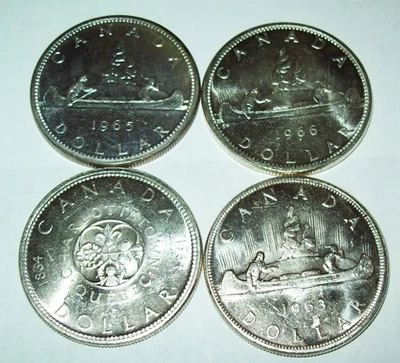 Lot of 4 Canada Silver Dollars $1 1963, 1964, 1965, 1966 Nice Condition Canadian - Image 1 of 2