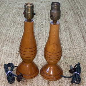 Pair Vintage MCM Small Solid Turned Wood Table Bedside Lamps 12” 70s/60s Retro - Picture 1 of 14