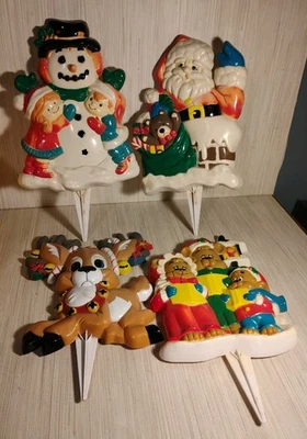 Vintage GiftCo Set 4 Ground Stake Christmas Garden Decor 13” Plastic 3D Winter  - Image 1 of 4