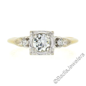 Mid Century 14K TT Gold 0.52ctw Old European Diamond Three Stone Engagement Ring - Picture 1 of 8