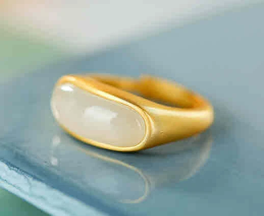 B23 Anello Rauch-Jade 925 Argento Sterling Placcato Oro Misura Regolabile - Immagine 1 di 4