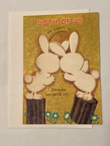 VTG 1960s Hallmark GET WELL Flocked Bunny Rabbits Peekin In Diecut Greeting Card - Picture 1 of 12