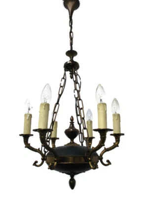 Hermosa araña Imperio Francés Tole verde latón 6 brazos Hollywood Regency  Foto 1 de 4