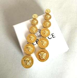 VERSACE GRECA MEDUSA HEAD LOGO DROPS DANGLE EARRINGS GOLD TONE - Picture 1 of 17