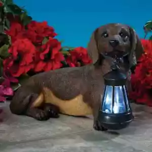 Adorable Dachshund Dog Garden Sculpture Holding Solar Lighted Lantern - Picture 1 of 1