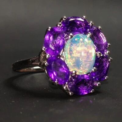 Anel de noivado feminino Welo Fire opala e ametista prata maciça 925 opala - Imagem 1 de 4