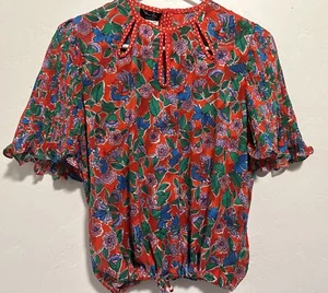 Vintage 80s DIANE FREIS Graphic Print Blouse Floral Birds Top Accordion Sleeve - Picture 1 of 10