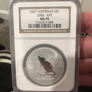 2007 SILVER AUSTRALIA 1 OZ $1 2008 YEAR OF RAT LUNAR COIN NGC MS 70 RARE - Picture 1 of 4