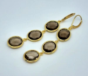 Natural Smoky Quartz gemstone Earrings, Sterling silver 925, yellow gold plated - Picture 1 of 3
